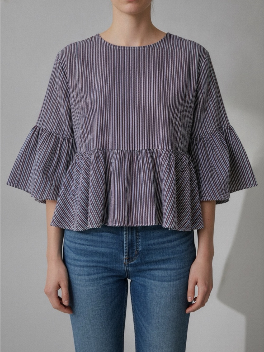 Striped Peplum Bell-Sleeve Top in Blue and Red